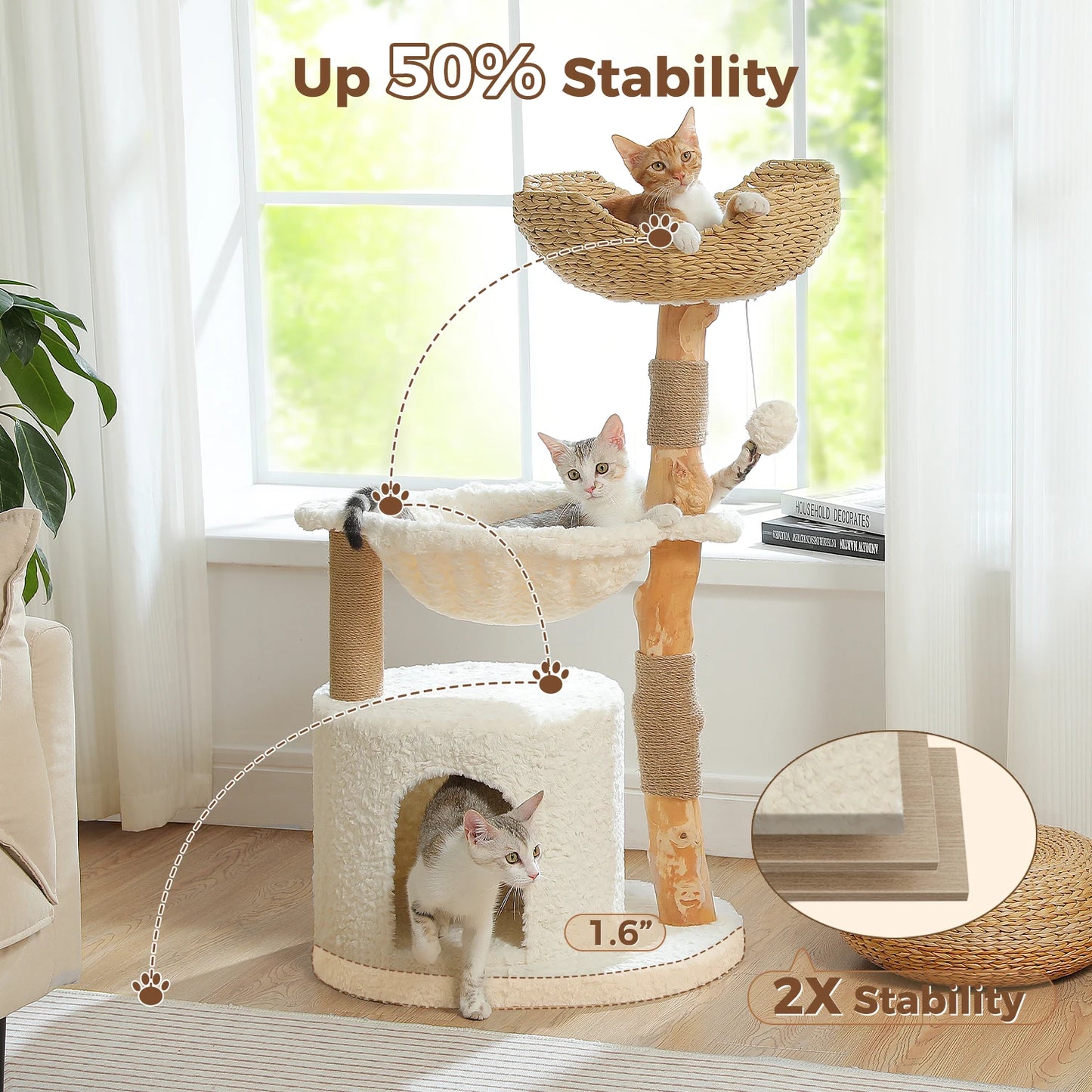 Modern Wooden Cat Tree Tower with Wicker Basket & Scratching Posts