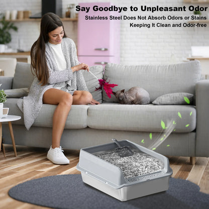 Stainless Steel Cat Litter Box with Lid – High Sided, Leakproof