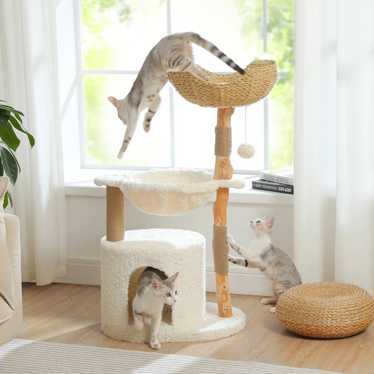 Modern Wooden Cat Tree Tower with Wicker Basket & Scratching Posts
