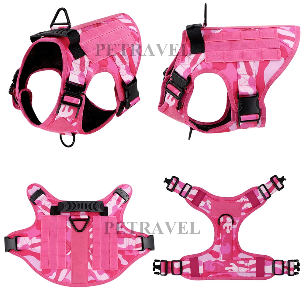 “Pink Camo Tactical Dog Harness – Adjustable Vest for Medium & Large Dogs”