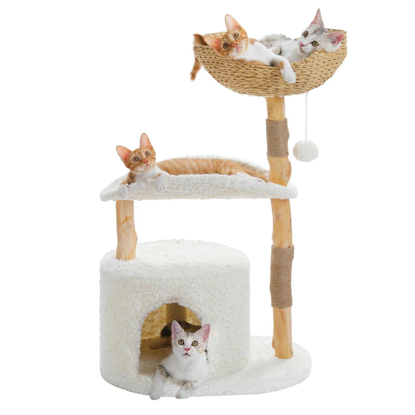 Modern Wooden Cat Tree Tower with Wicker Basket & Scratching Posts