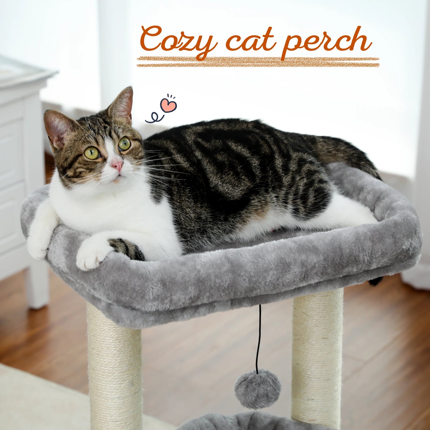 Cat Tree Tower – Cozy Condo, Wide Perch & Sisal Posts with Plush & Pom-Pom Toy