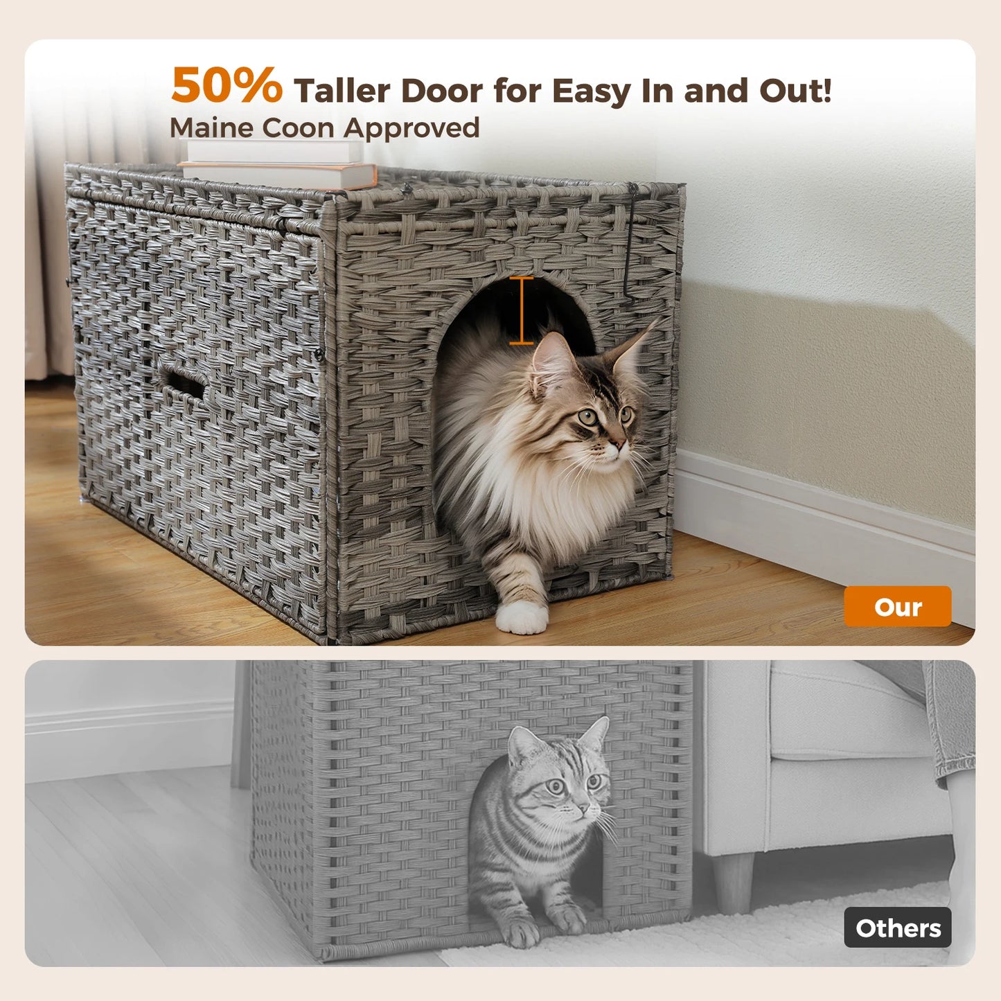 Rattan Cat Litter Box Enclosure – Hidden Cabinet Furniture with Flip-Top & Raised Entry
