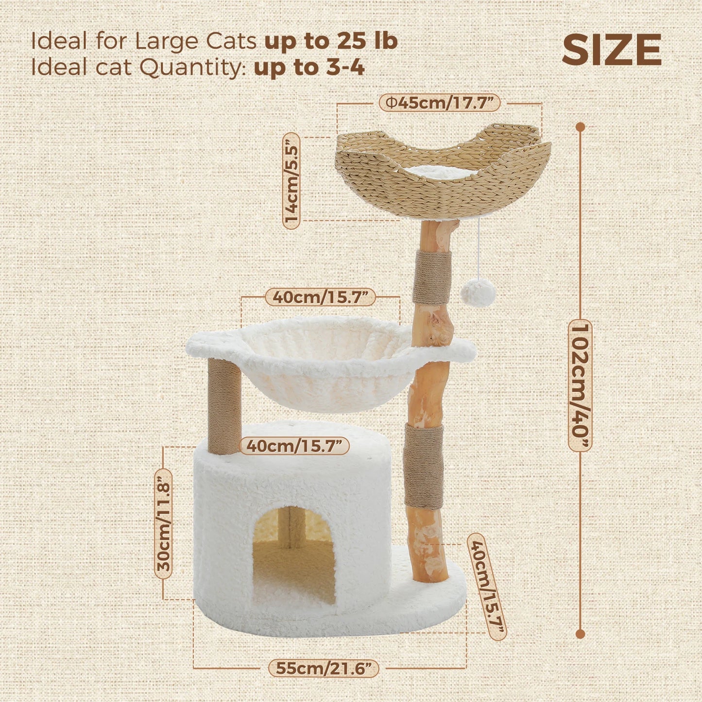 Modern Wooden Cat Tree Tower with Wicker Basket & Scratching Posts