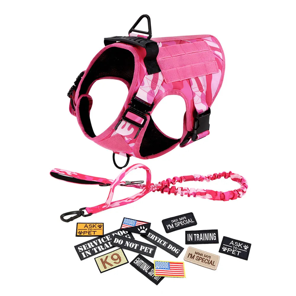 Pink Camouflage Tactical Dog Harness – Adjustable Military Training Vest with Leash