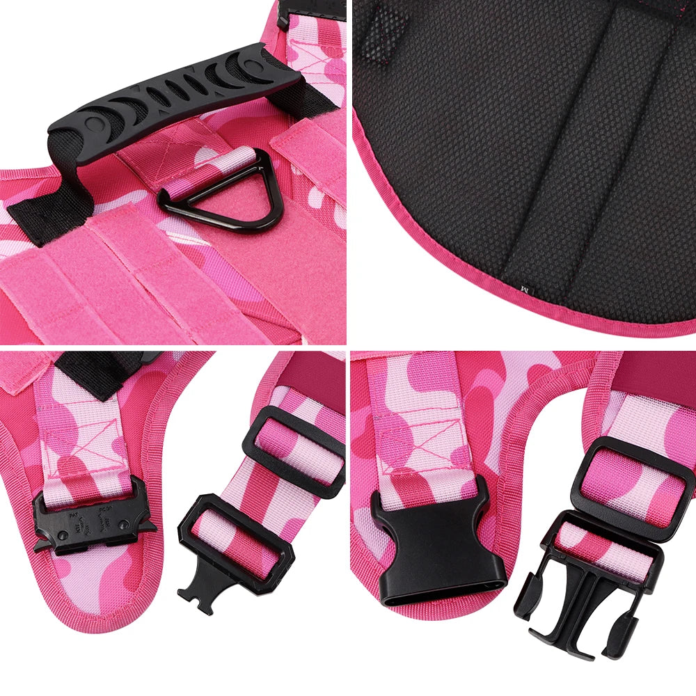 “Pink Camo Tactical Dog Harness – Adjustable Vest for Medium & Large Dogs”
