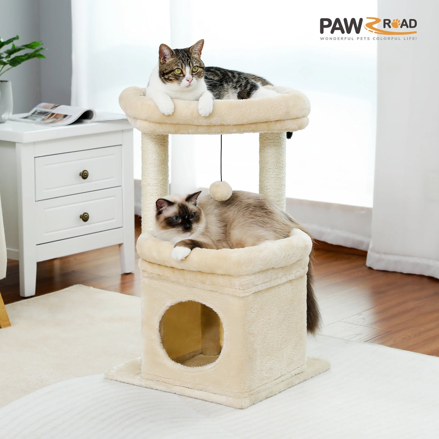 Cat Tree Tower – Cozy Condo, Wide Perch & Sisal Posts with Plush & Pom-Pom Toy