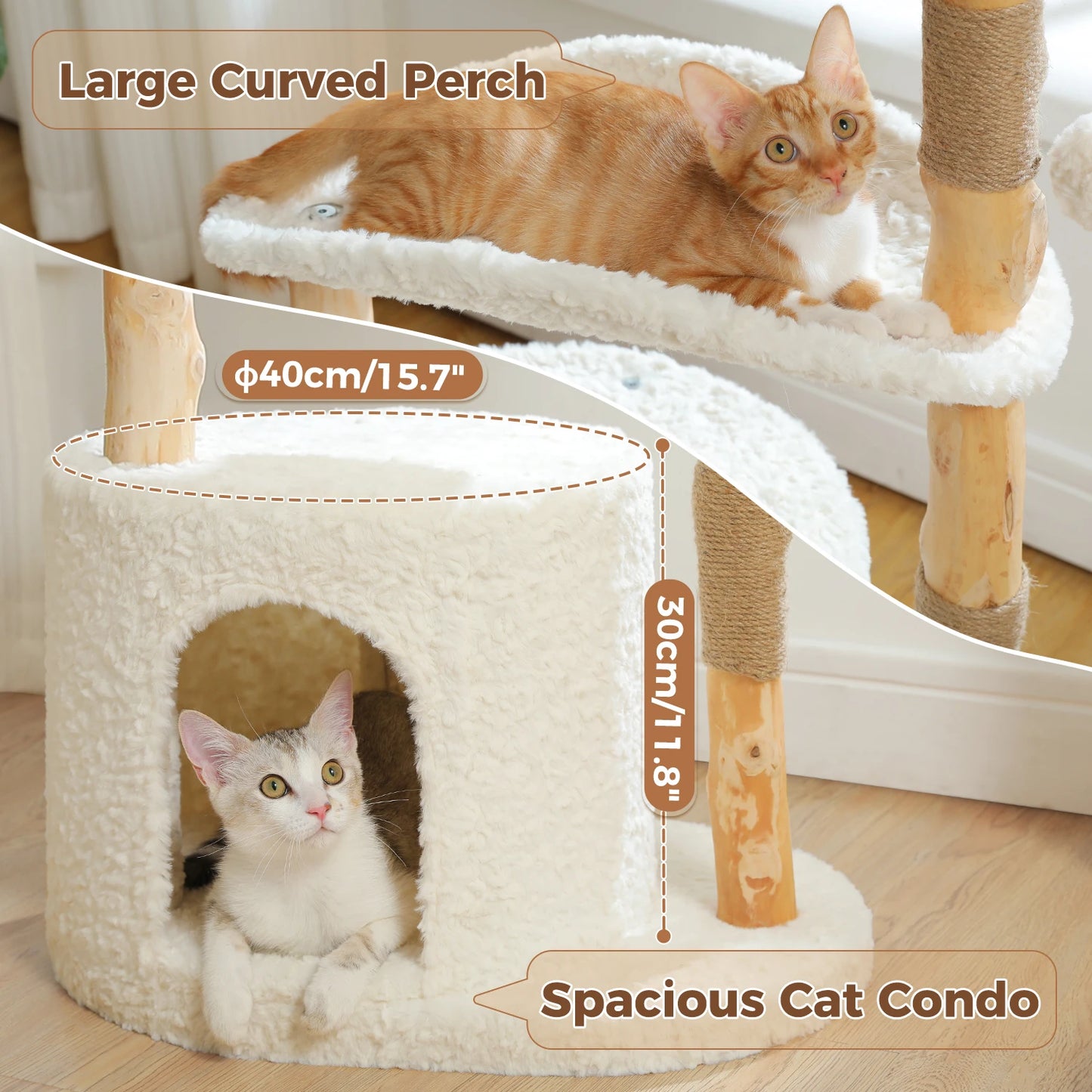 Modern Wooden Cat Tree Tower with Wicker Basket & Scratching Posts