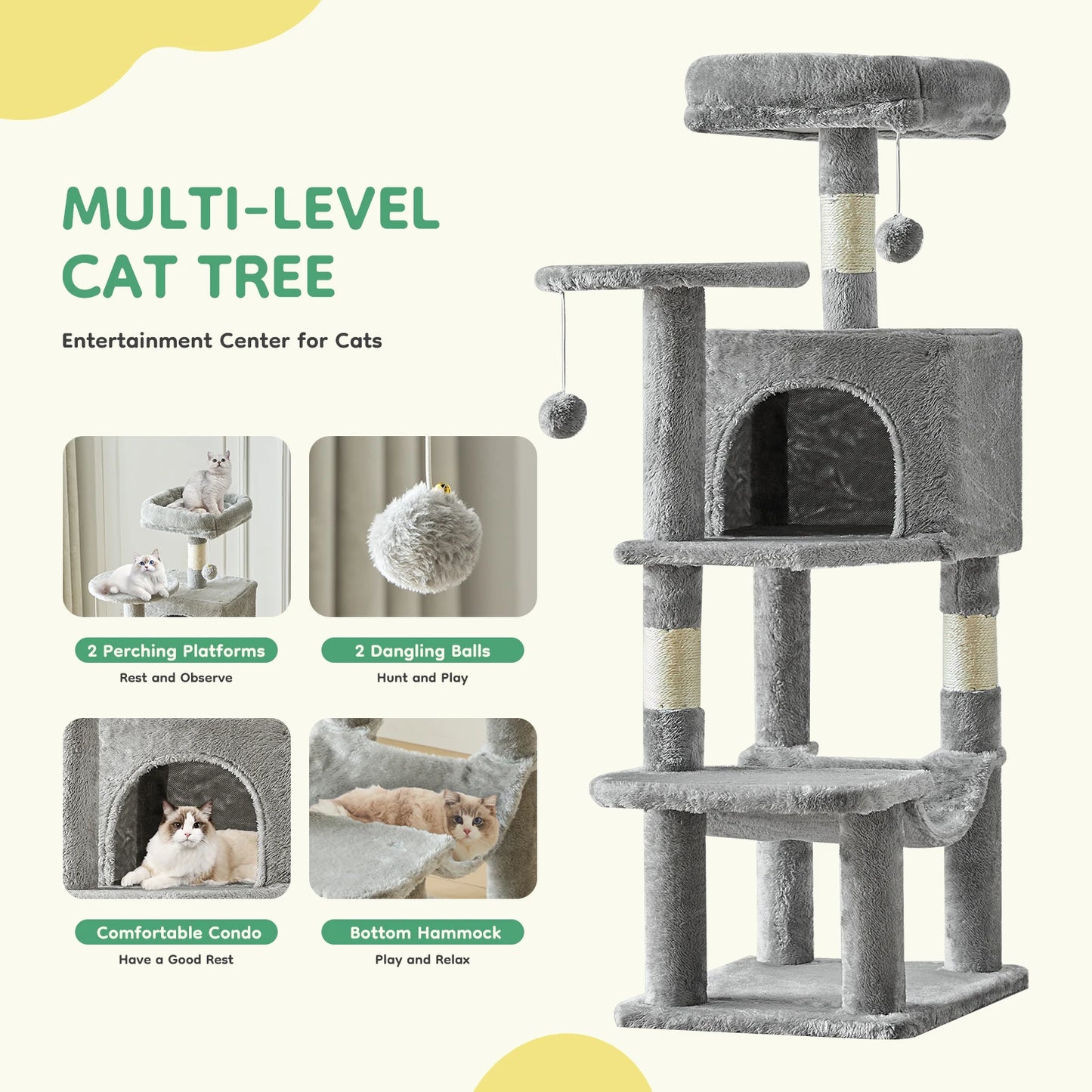 JHK 44in Cat Tree Tower for Multiple Cats with Sisal Scratching Posts