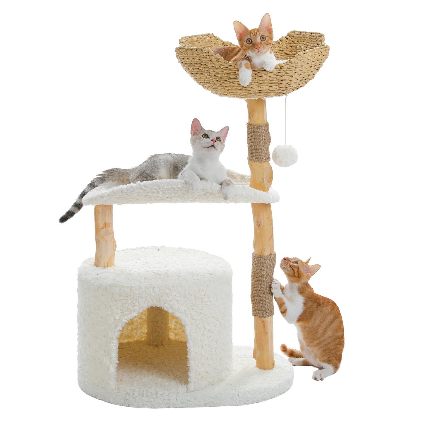 Modern Wooden Cat Tree Tower with Wicker Basket & Scratching Posts