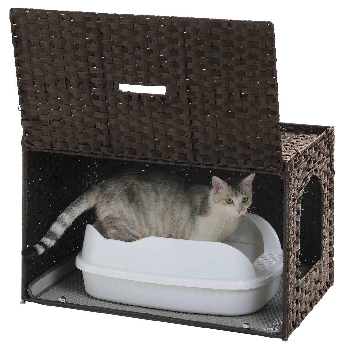 Rattan Cat Litter Box Enclosure – Hidden Cabinet Furniture with Flip-Top & Raised Entry