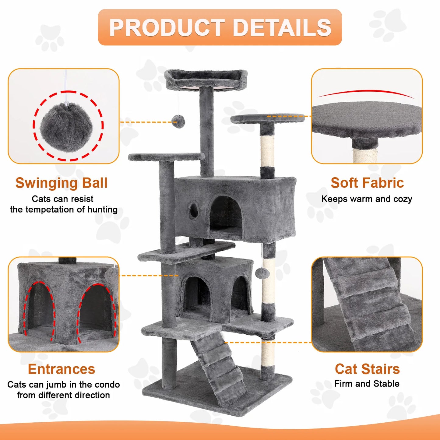 54/70” Cat Tree Tower Condo with Sisal Scratching Posts & Hanging Toy Ball