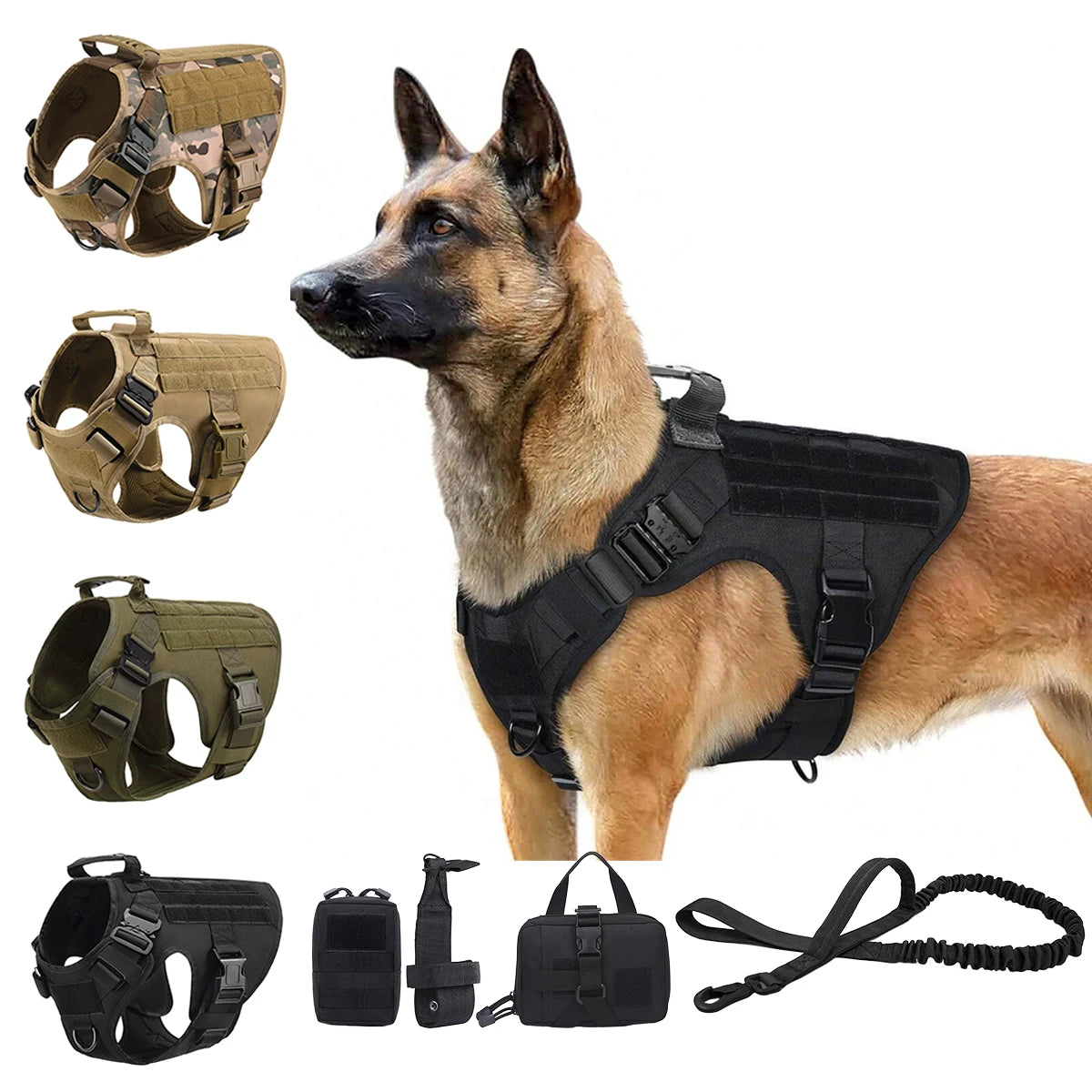 Tactical Dog Harness Set with Leash, Collar & MOLLE Pouches
