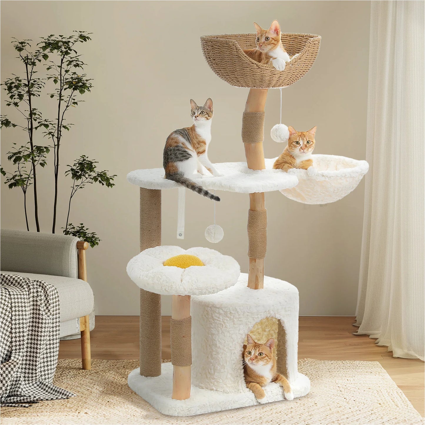 Modern Solid Wood Cat Tree – Spacious Tower with Condo, Perches & Interactive Toys