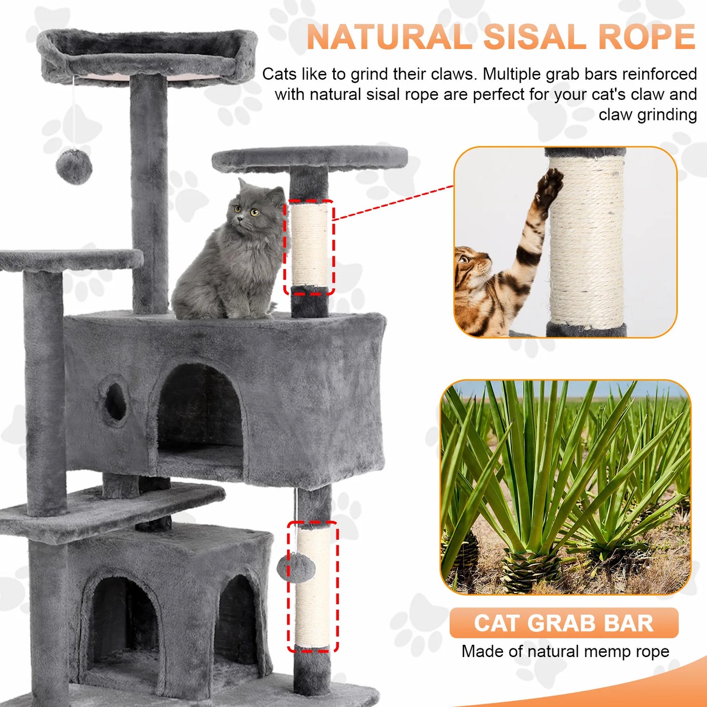 54/70” Cat Tree Tower Condo with Sisal Scratching Posts & Hanging Toy Ball