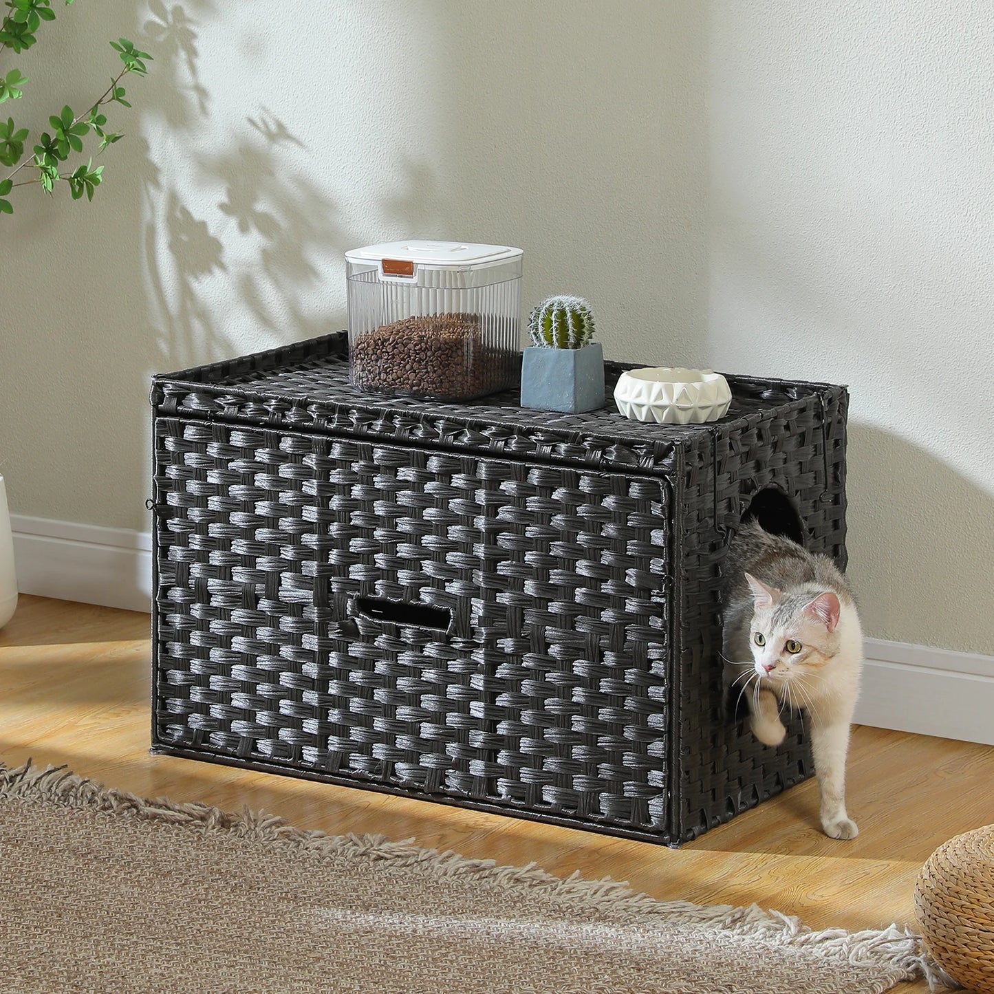 Rattan Cat Litter Box Enclosure – Hidden Cabinet Furniture with Flip-Top & Raised Entry