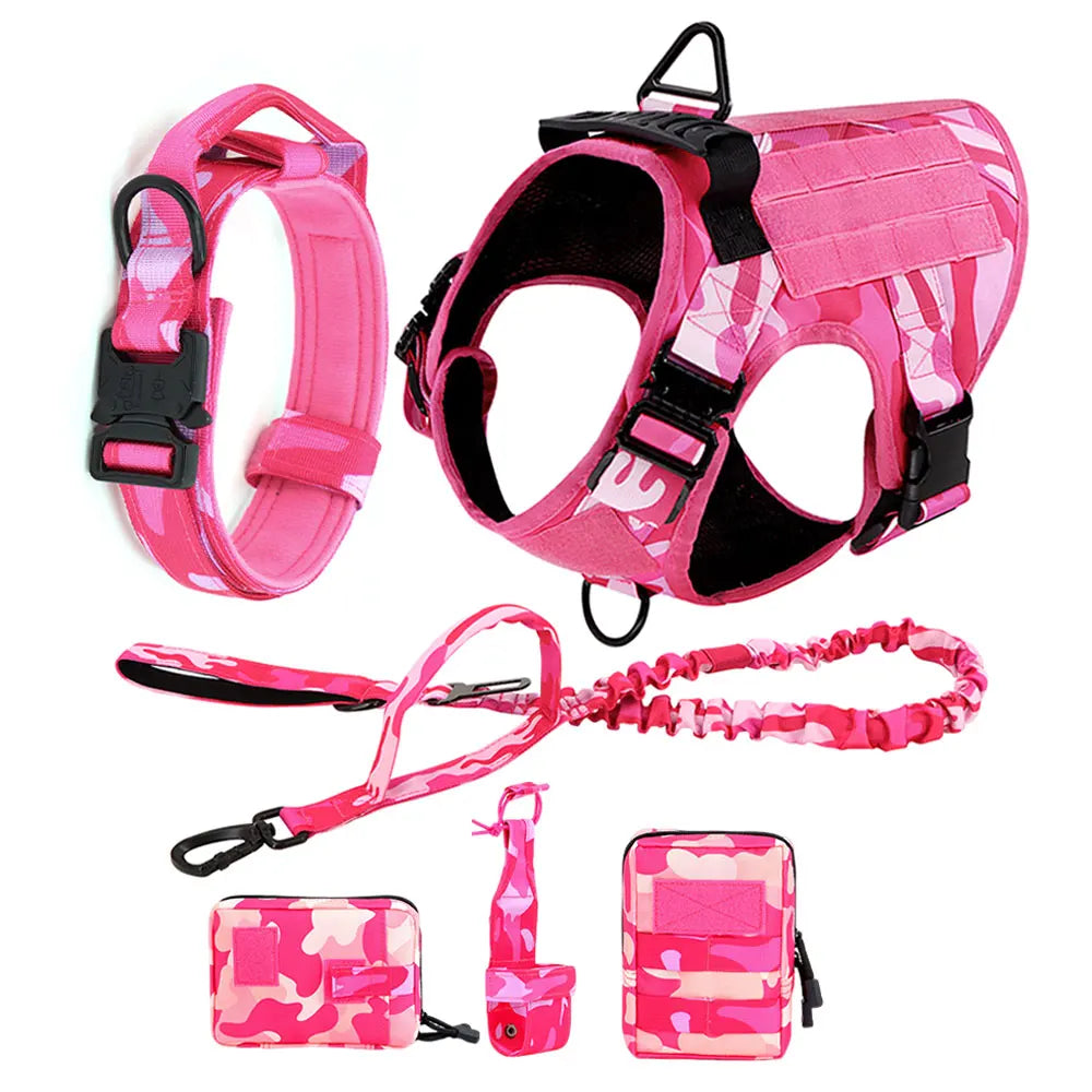 Pink Camouflage Tactical Dog Harness – Adjustable Military Training Vest with Leash