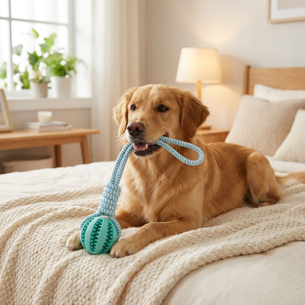 Cotton Rope & Rubber Dog Chew Ball – Treat Dispenser Toy for Boredom & Teething