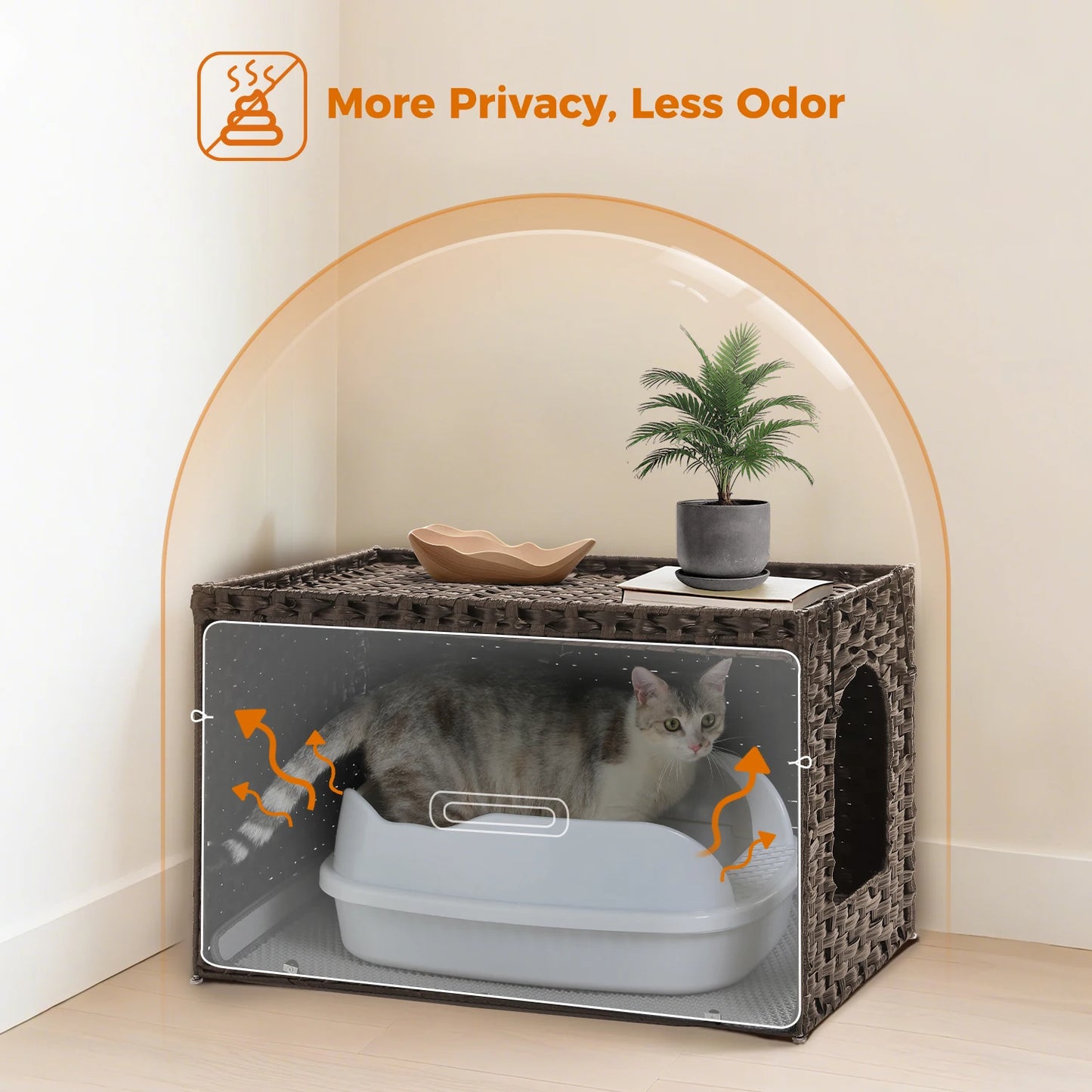 Rattan Cat Litter Box Enclosure – Hidden Cabinet Furniture with Flip-Top & Raised Entry