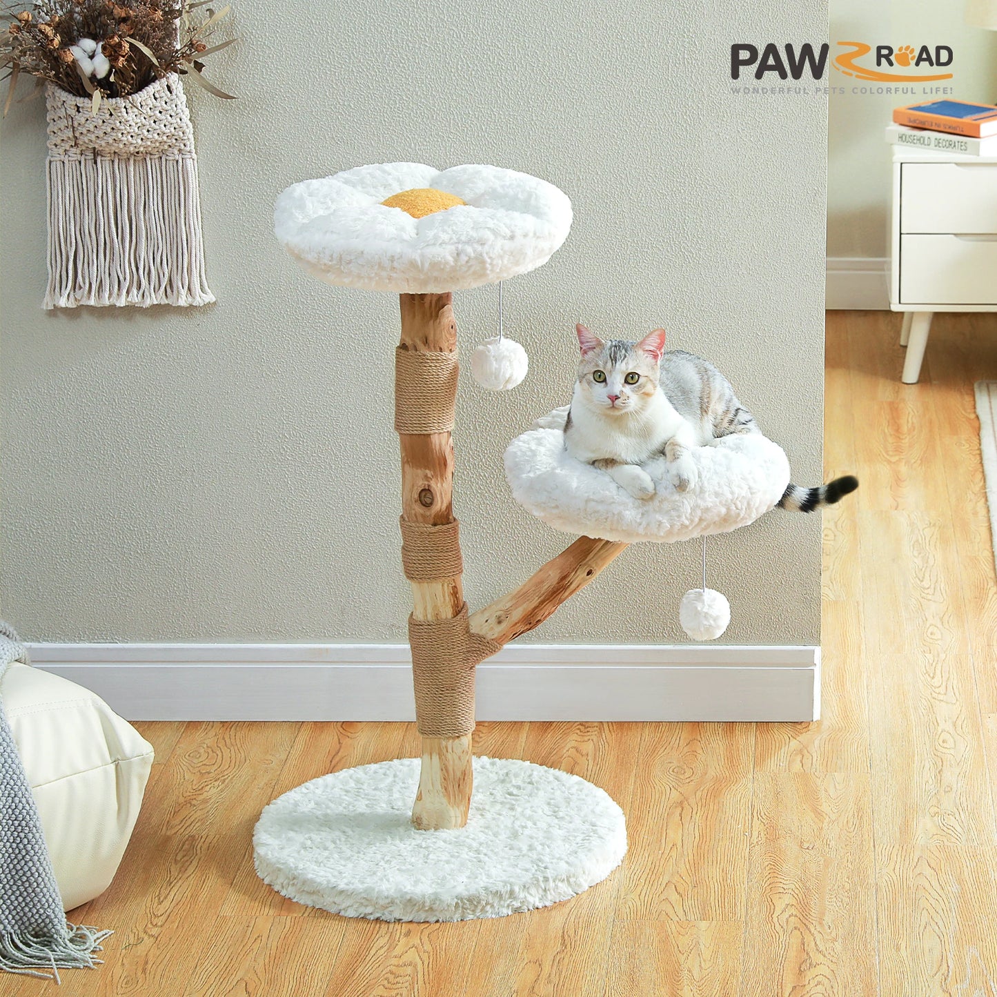 Modern Wooden Cat Tree Tower with Wicker Basket & Scratching Posts