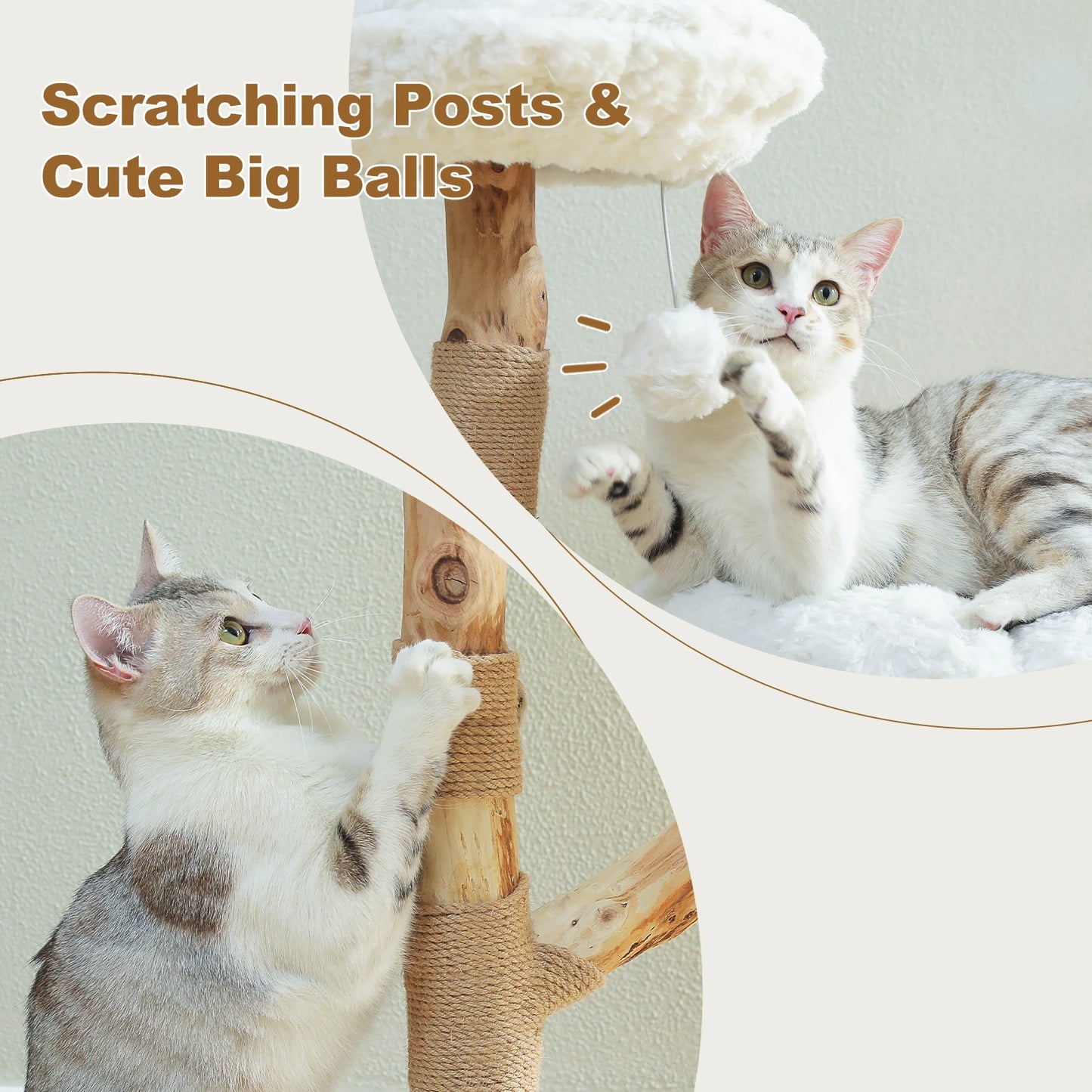 Modern Wooden Cat Tree Tower with Wicker Basket & Scratching Posts