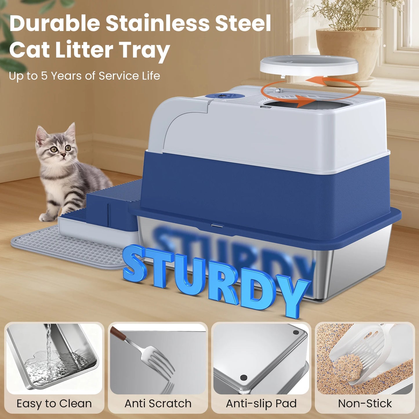 Stainless Steel Cat Litter Box – Non-Stick, Odor Control with Lid & Scoop