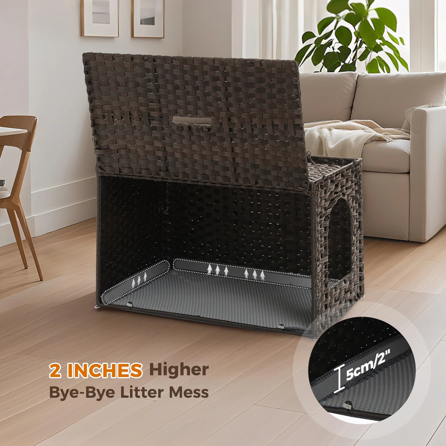 Rattan Cat Litter Box Enclosure – Hidden Cabinet Furniture with Flip-Top & Raised Entry