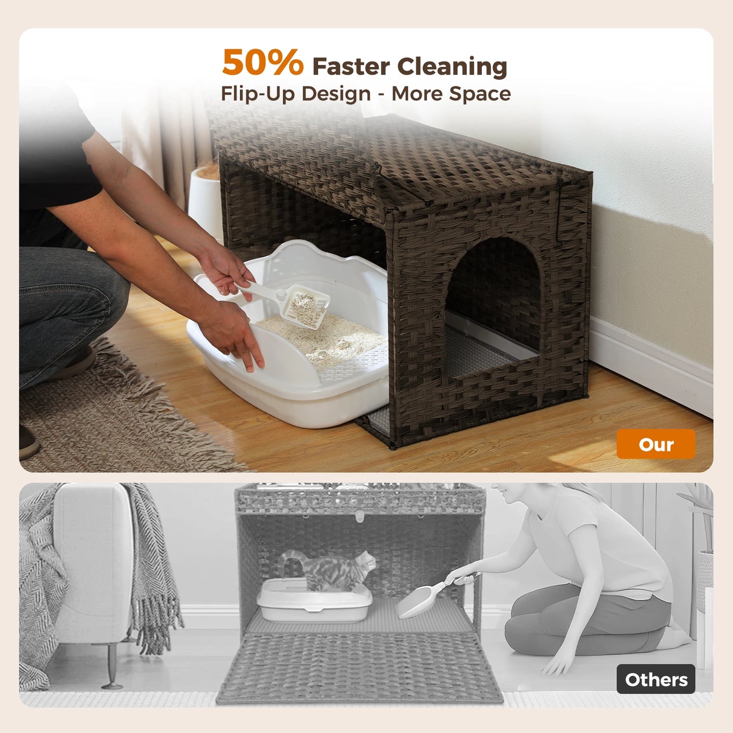 Rattan Cat Litter Box Enclosure – Hidden Cabinet Furniture with Flip-Top & Raised Entry