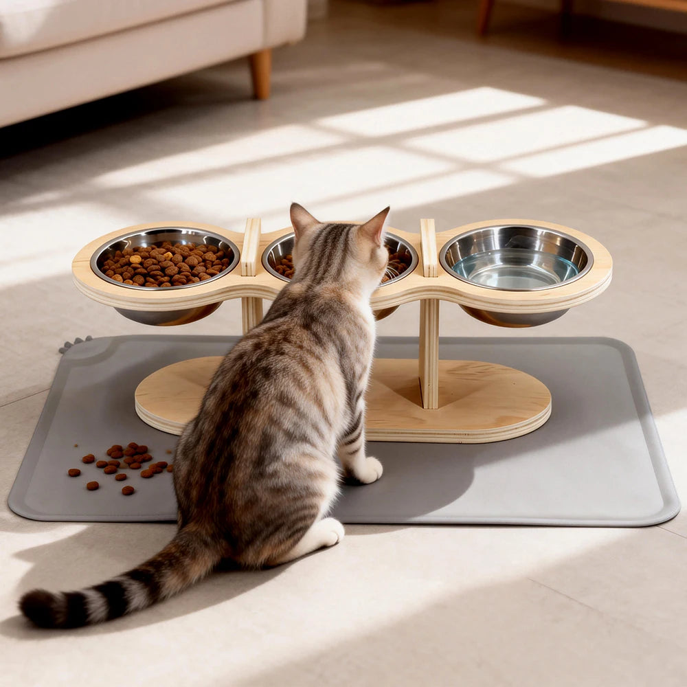 15° Tilted Cat Bowls – Adjustable Raised Feeder with 3 Stainless Steel Bowls for Cats & Small Dogs