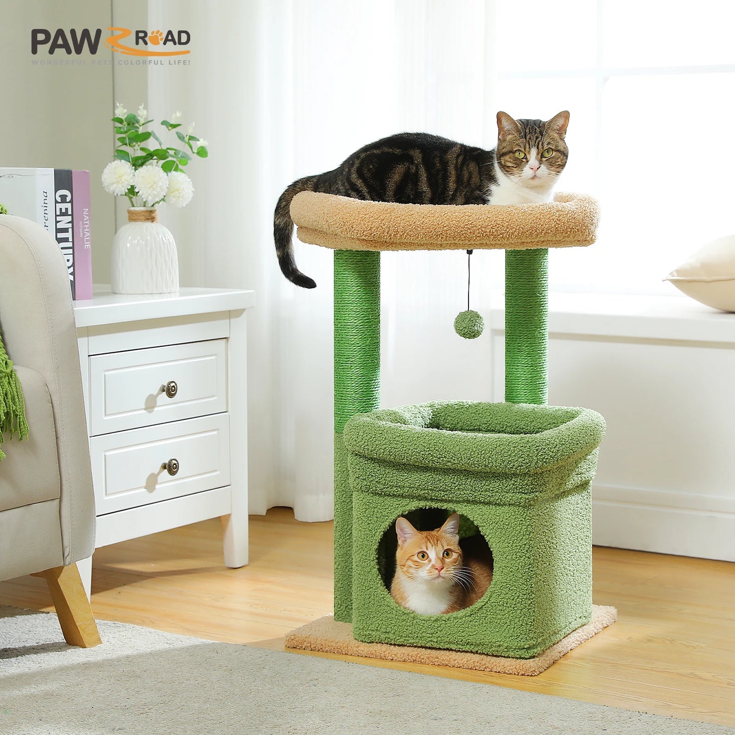 Cat Tree Tower – Cozy Condo, Wide Perch & Sisal Posts with Plush & Pom-Pom Toy
