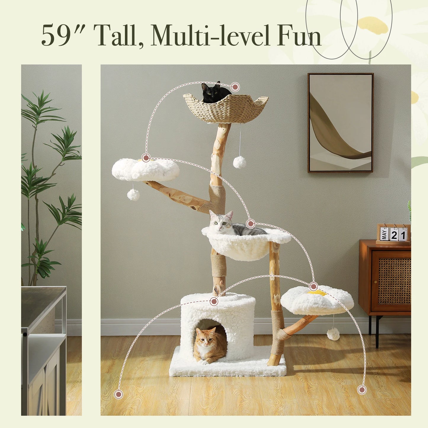 Modern Solid Wood Cat Tree – Spacious Tower with Condo, Perches & Interactive Toys
