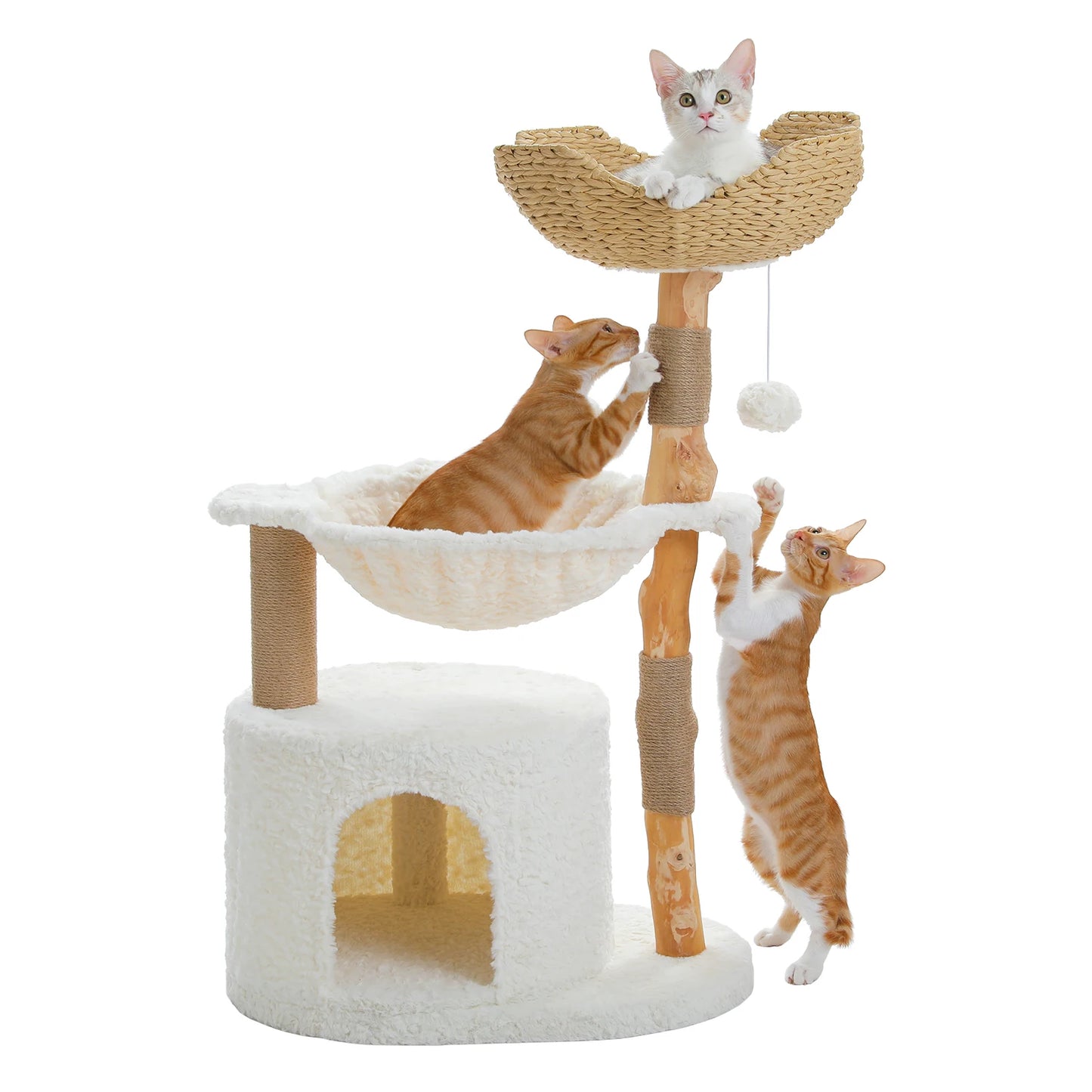 Modern Wooden Cat Tree Tower with Wicker Basket & Scratching Posts