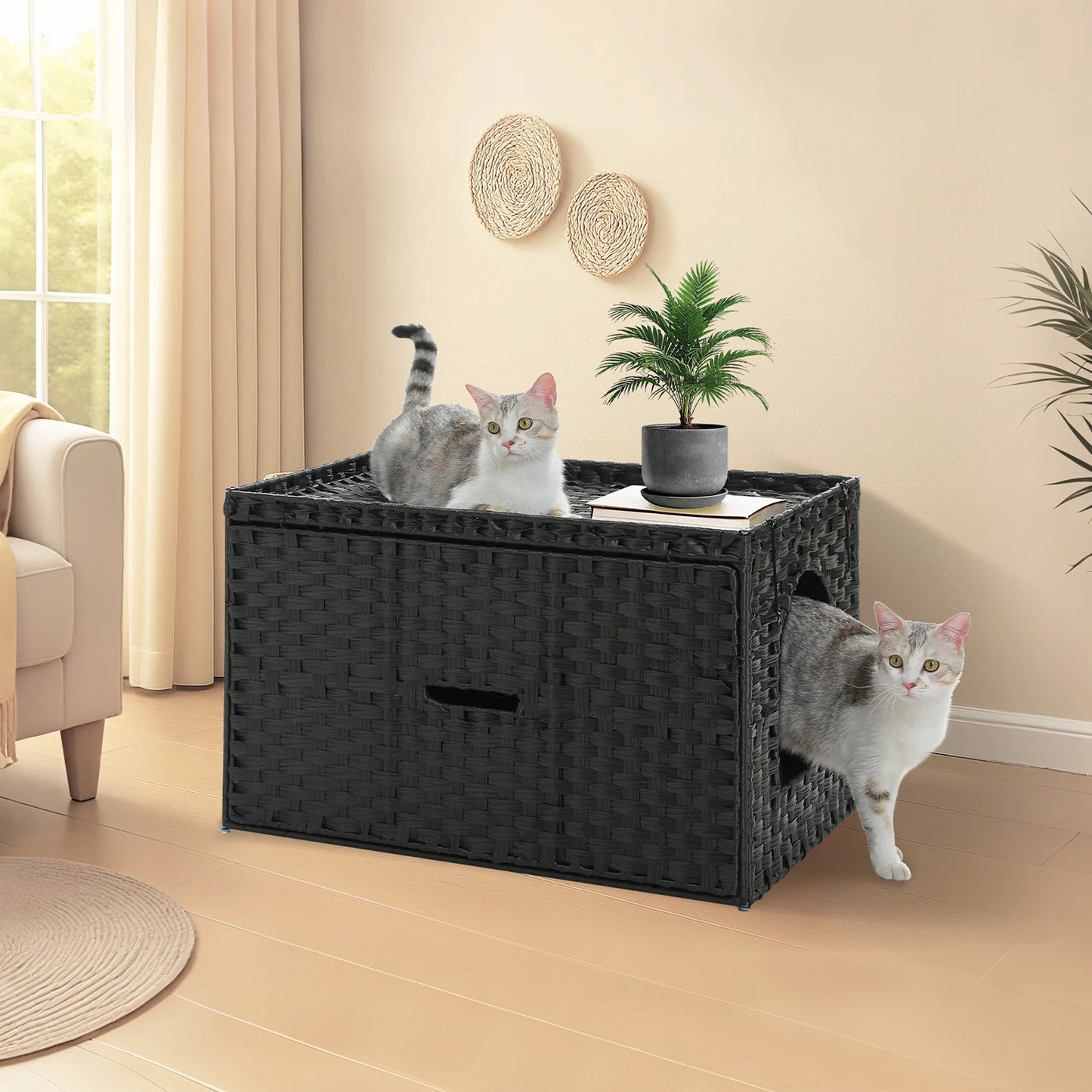 Rattan Cat Litter Box Enclosure – Hidden Cabinet Furniture with Flip-Top & Raised Entry