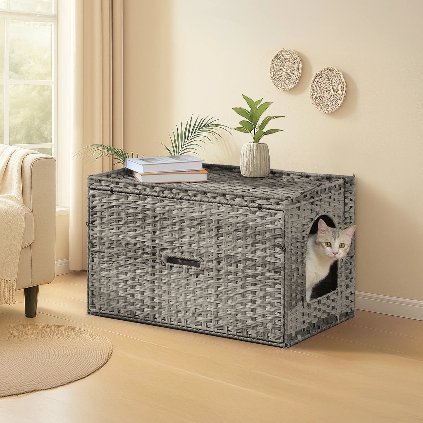 Rattan Cat Litter Box Enclosure – Hidden Cabinet Furniture with Flip-Top & Raised Entry