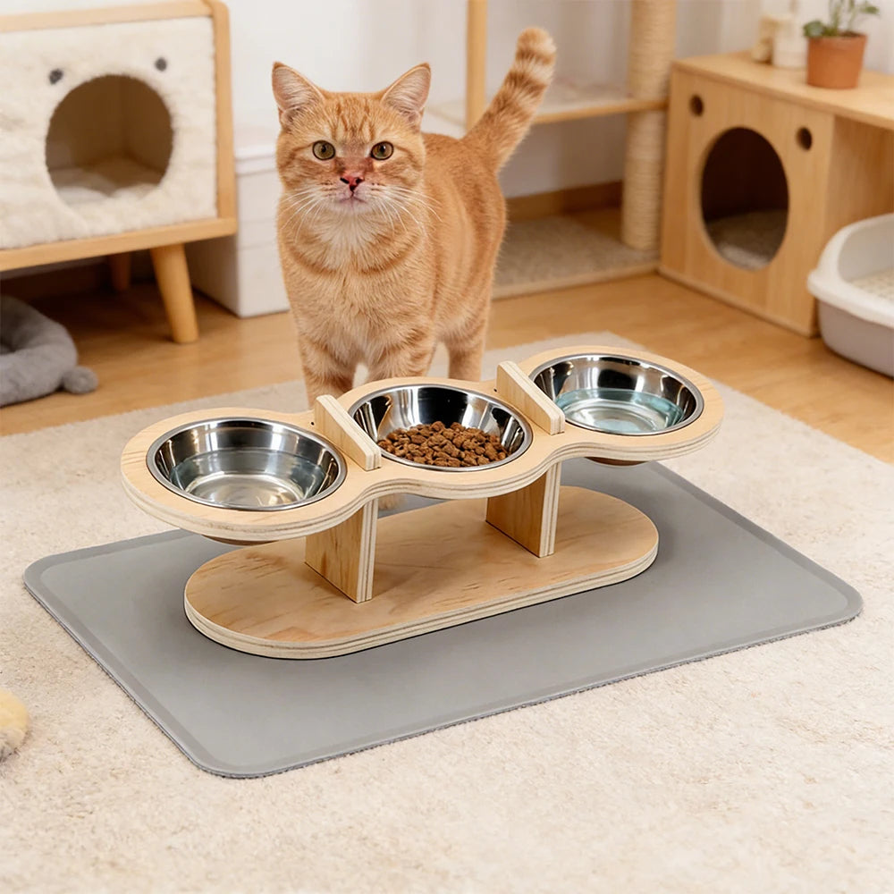 15° Tilted Cat Bowls – Adjustable Raised Feeder with 3 Stainless Steel Bowls for Cats & Small Dogs