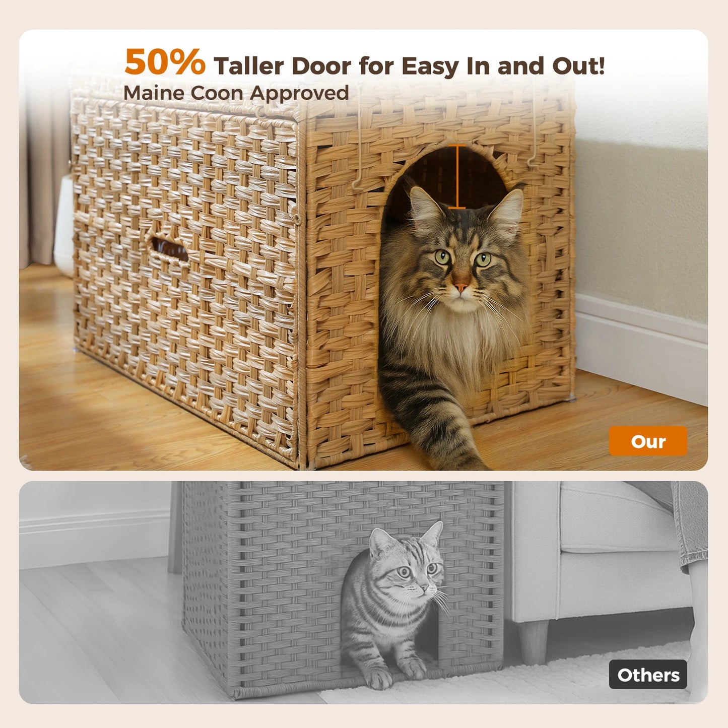 Rattan Cat Litter Box Enclosure – Hidden Cabinet Furniture with Flip-Top & Raised Entry