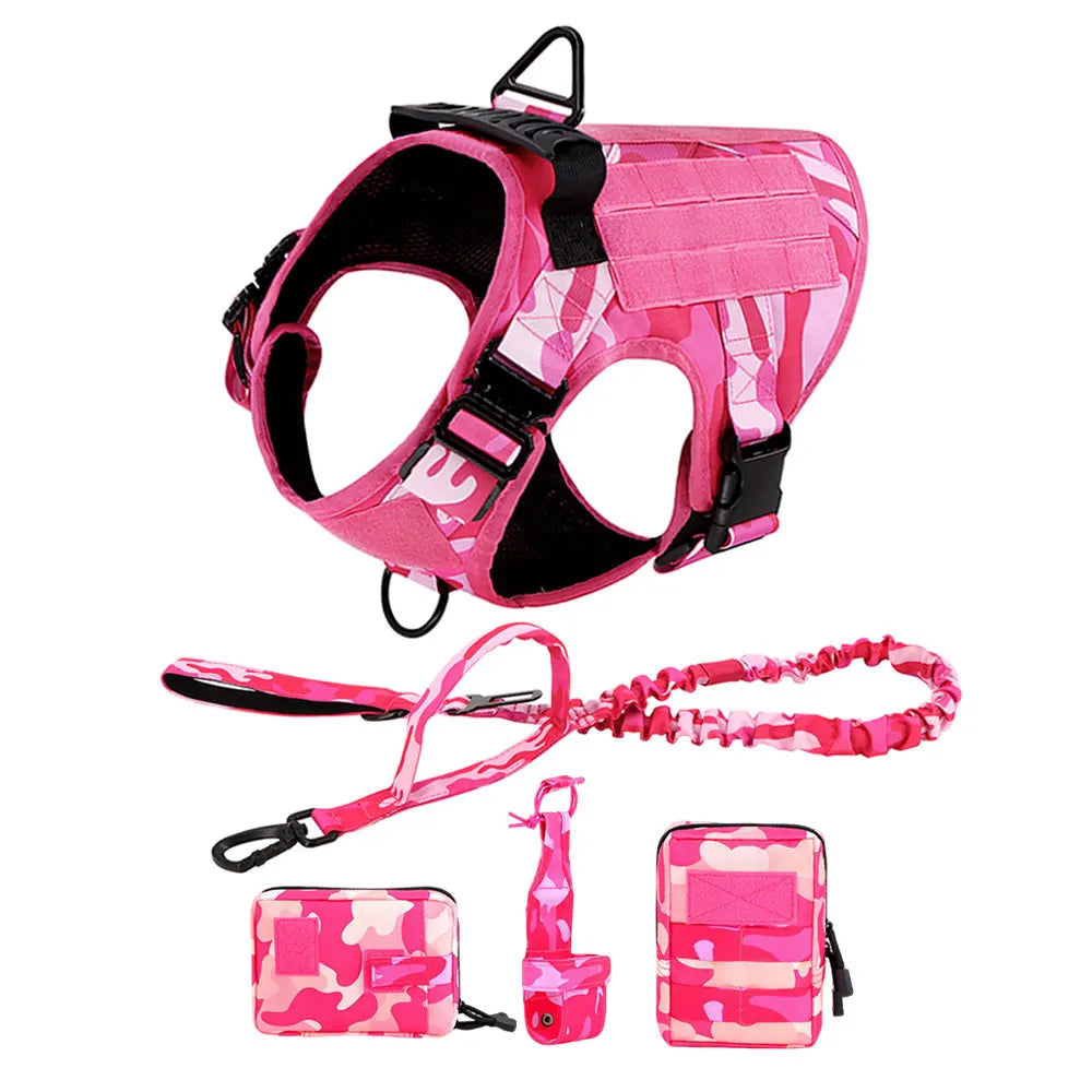 Pink Camouflage Tactical Dog Harness – Adjustable Military Training Vest with Leash