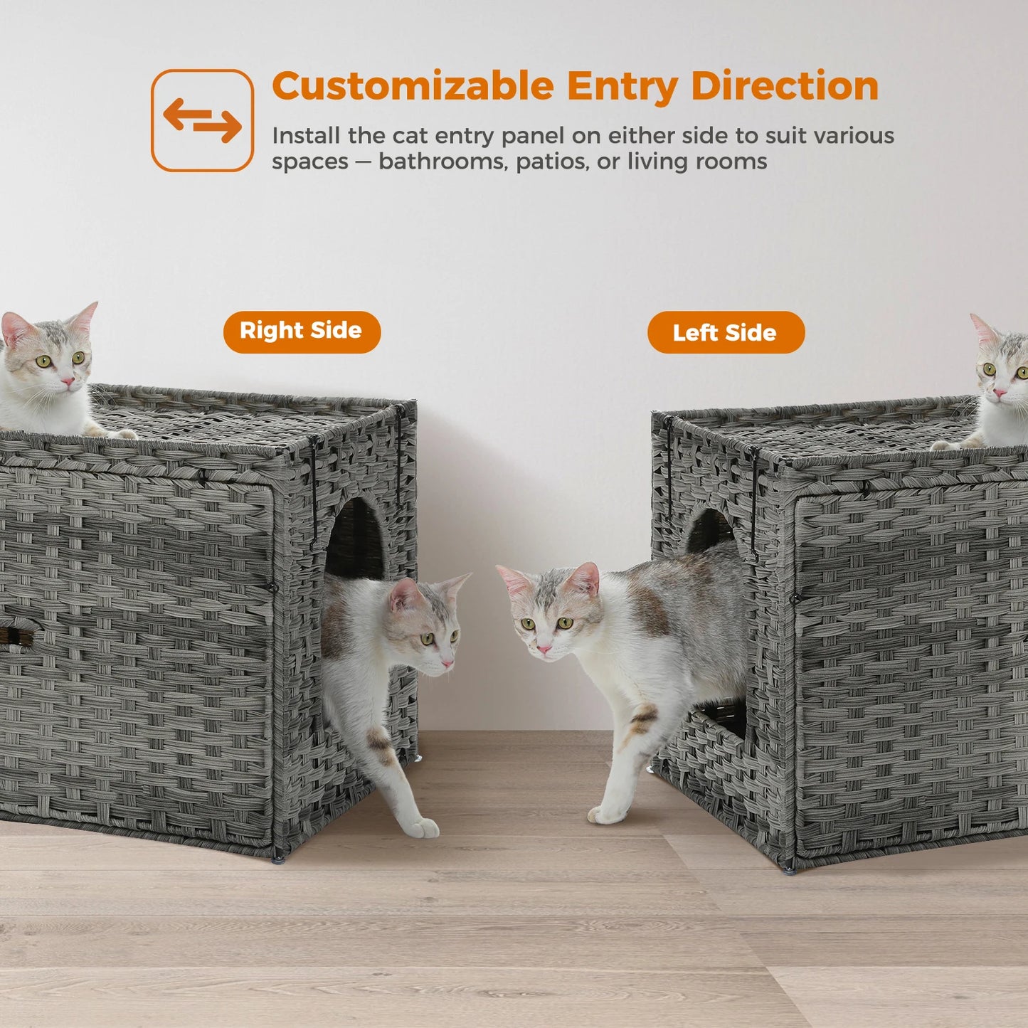 Rattan Cat Litter Box Enclosure – Hidden Cabinet Furniture with Flip-Top & Raised Entry
