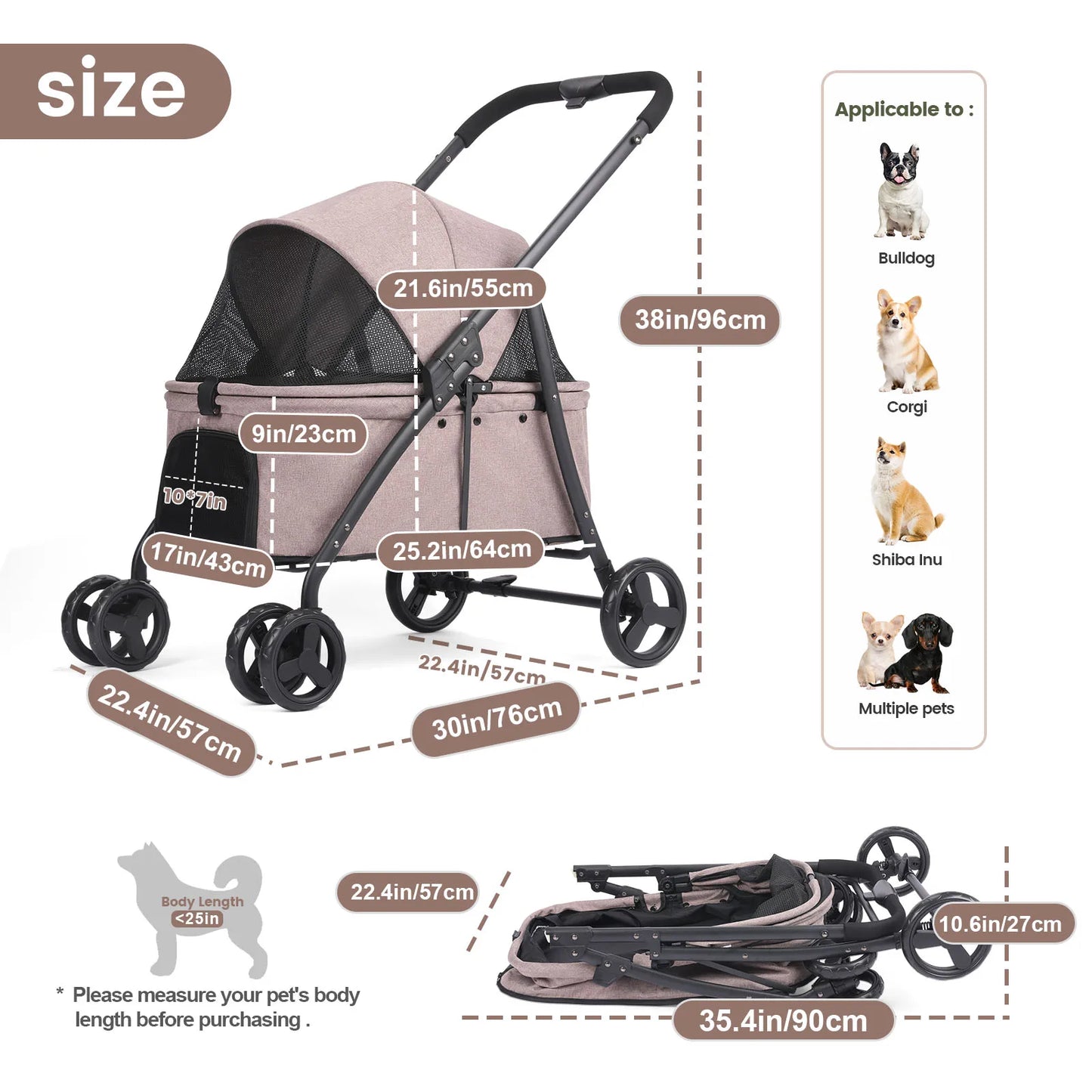 Foldable Pet Stroller – 4-Wheel Travel Buggy with Storage Bag for Dogs & Cats