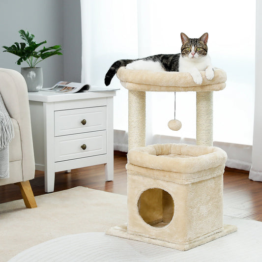 Cat Tree Tower – Cozy Condo, Wide Perch & Sisal Posts with Plush & Pom-Pom Toy