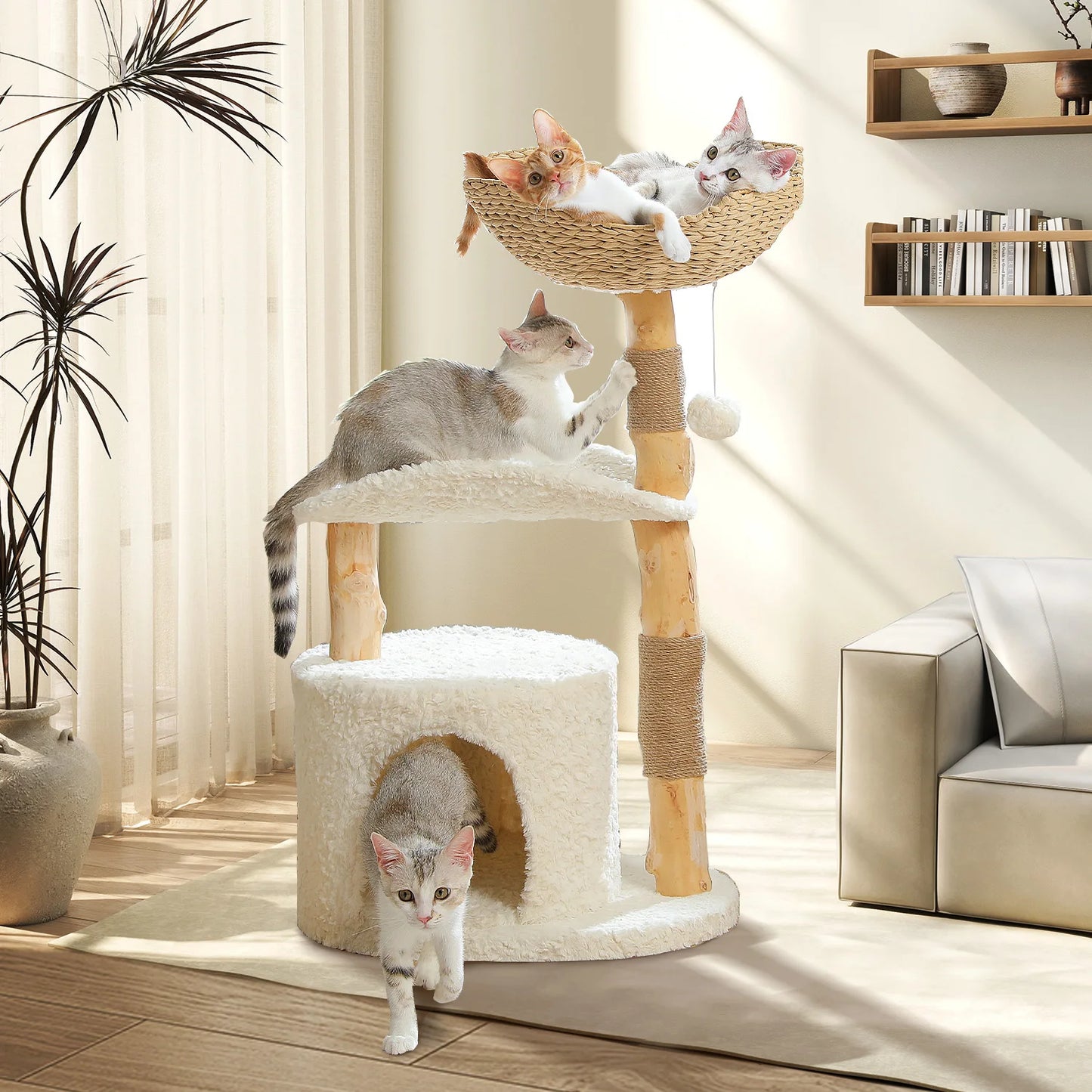 Modern Solid Wood Cat Tree – Spacious Tower with Condo, Perches & Interactive Toys
