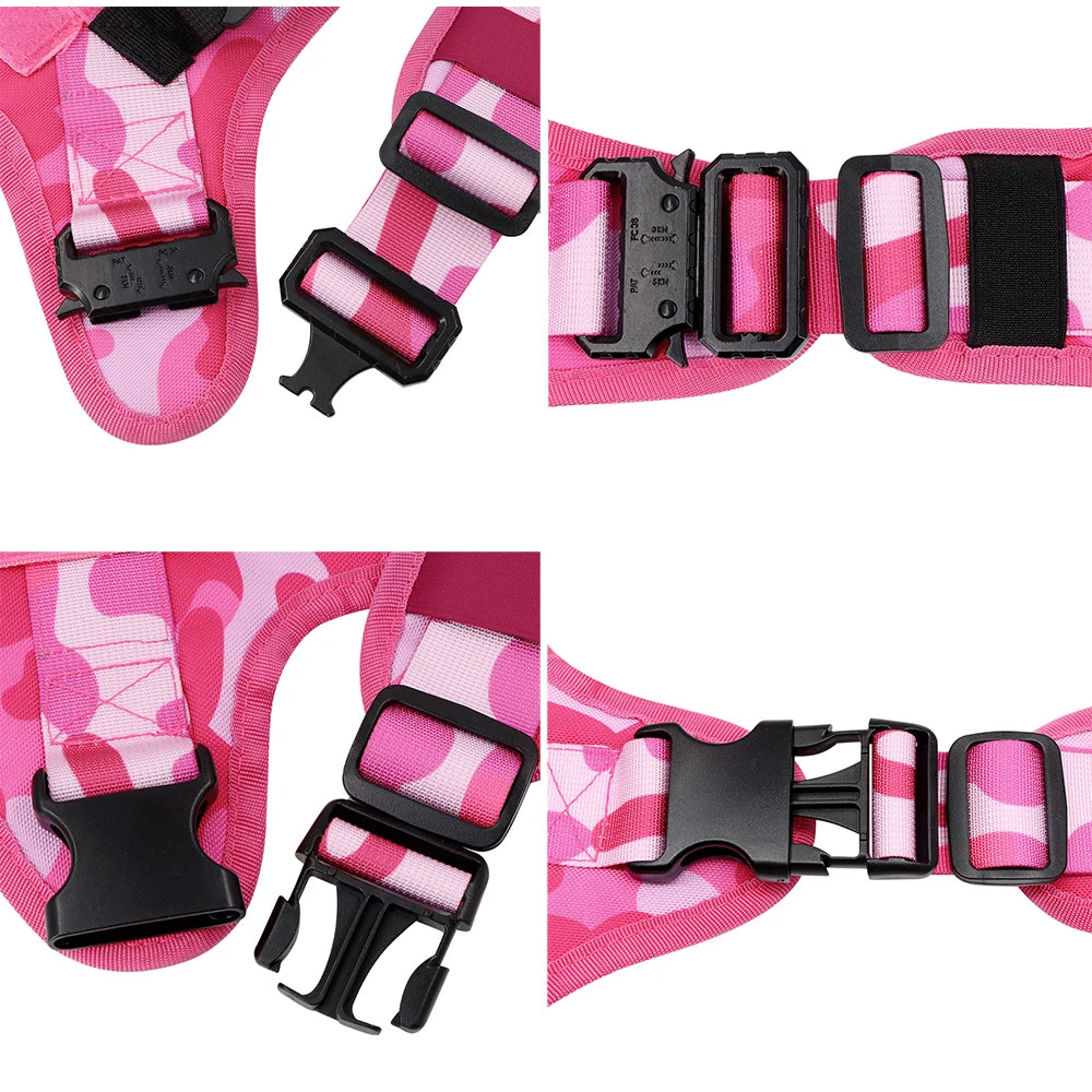 “Pink Camo Tactical Dog Harness – Adjustable Vest for Medium & Large Dogs”