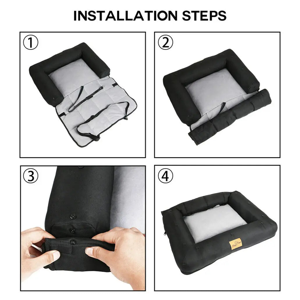 Waterproof Dog Car Seat Bed with Safety Belt & Washable Cushion