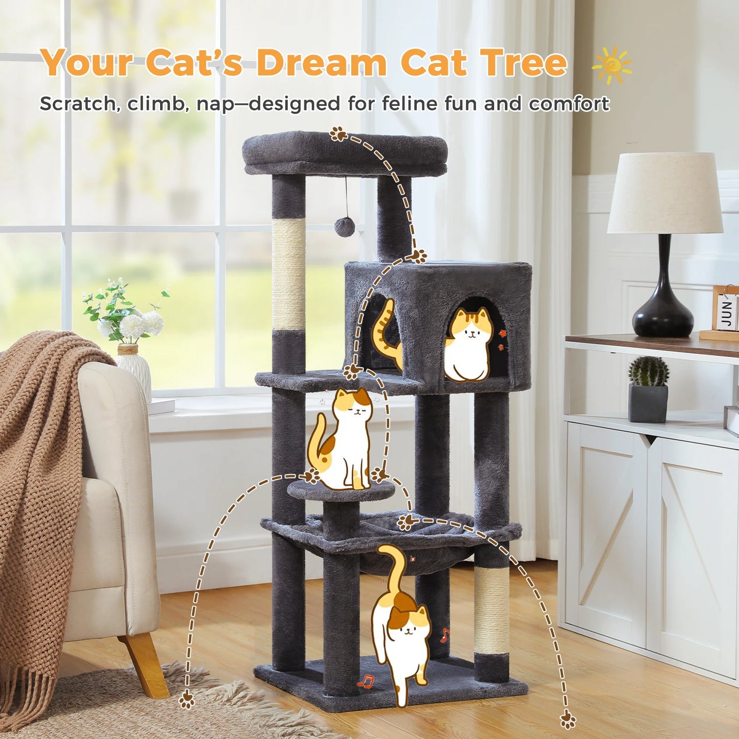 5-Level Cat Tree Tower – Plush Condo, Hammock & Sisal Scratching Posts