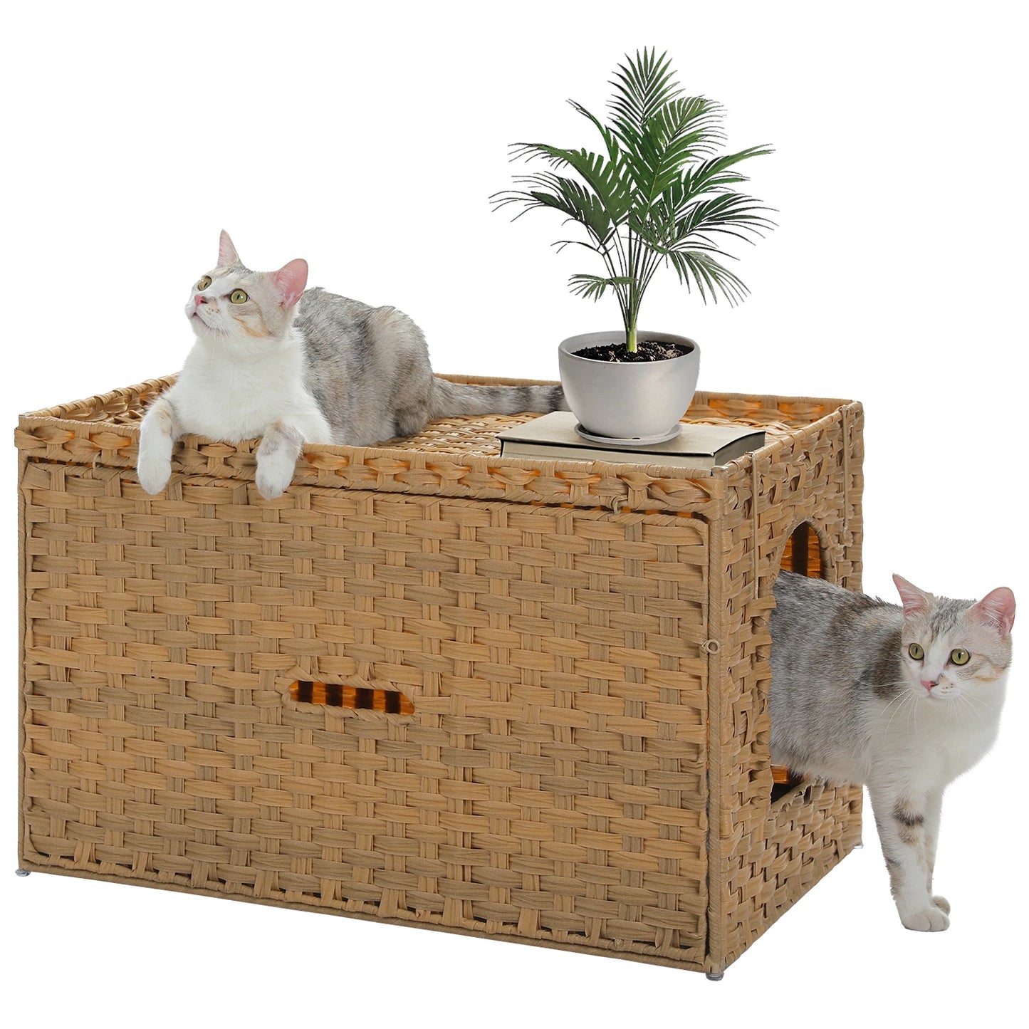 Rattan Cat Litter Box Enclosure – Hidden Cabinet Furniture with Flip-Top & Raised Entry
