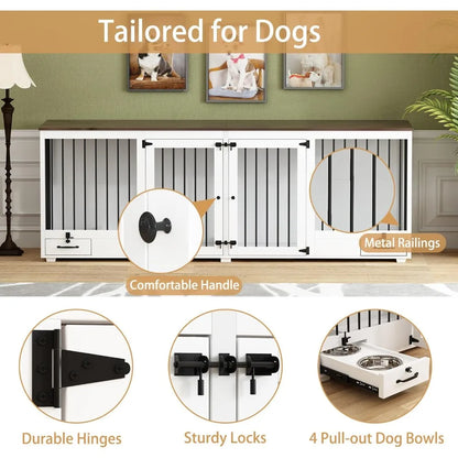 Furniture-Style Wooden Dog Crate – Large Double Kennel with Bowls & Divider