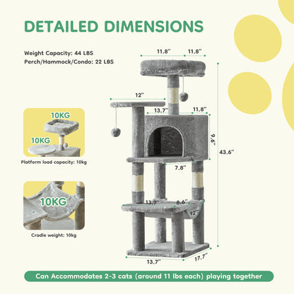 JHK 44in Cat Tree Tower for Multiple Cats with Sisal Scratching Posts