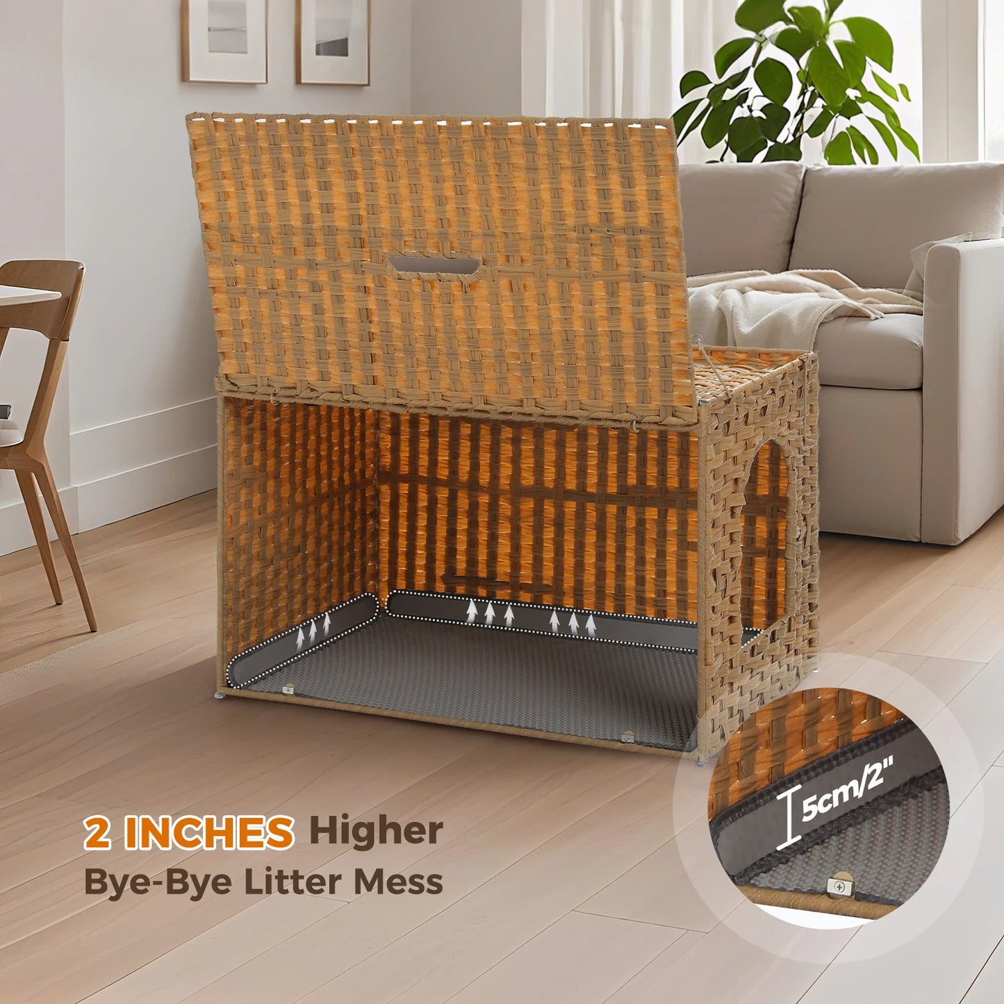Rattan Cat Litter Box Enclosure – Hidden Cabinet Furniture with Flip-Top & Raised Entry