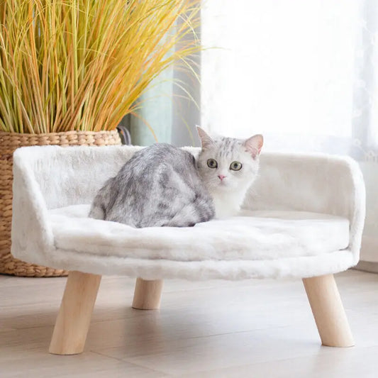 Luxury Plush Cat Sofa Bed with Washable Cushion & Wood Legs