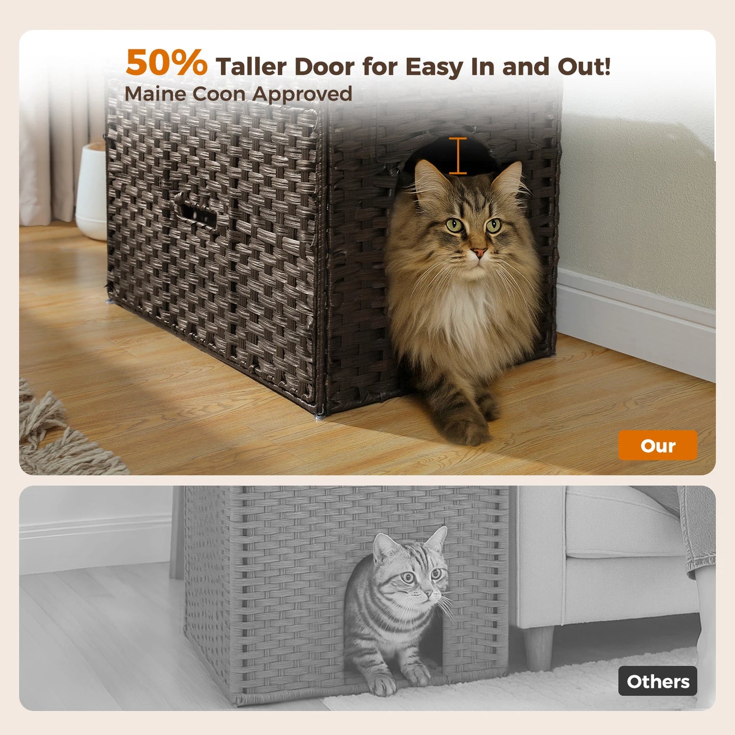 Rattan Cat Litter Box Enclosure – Hidden Cabinet Furniture with Flip-Top & Raised Entry